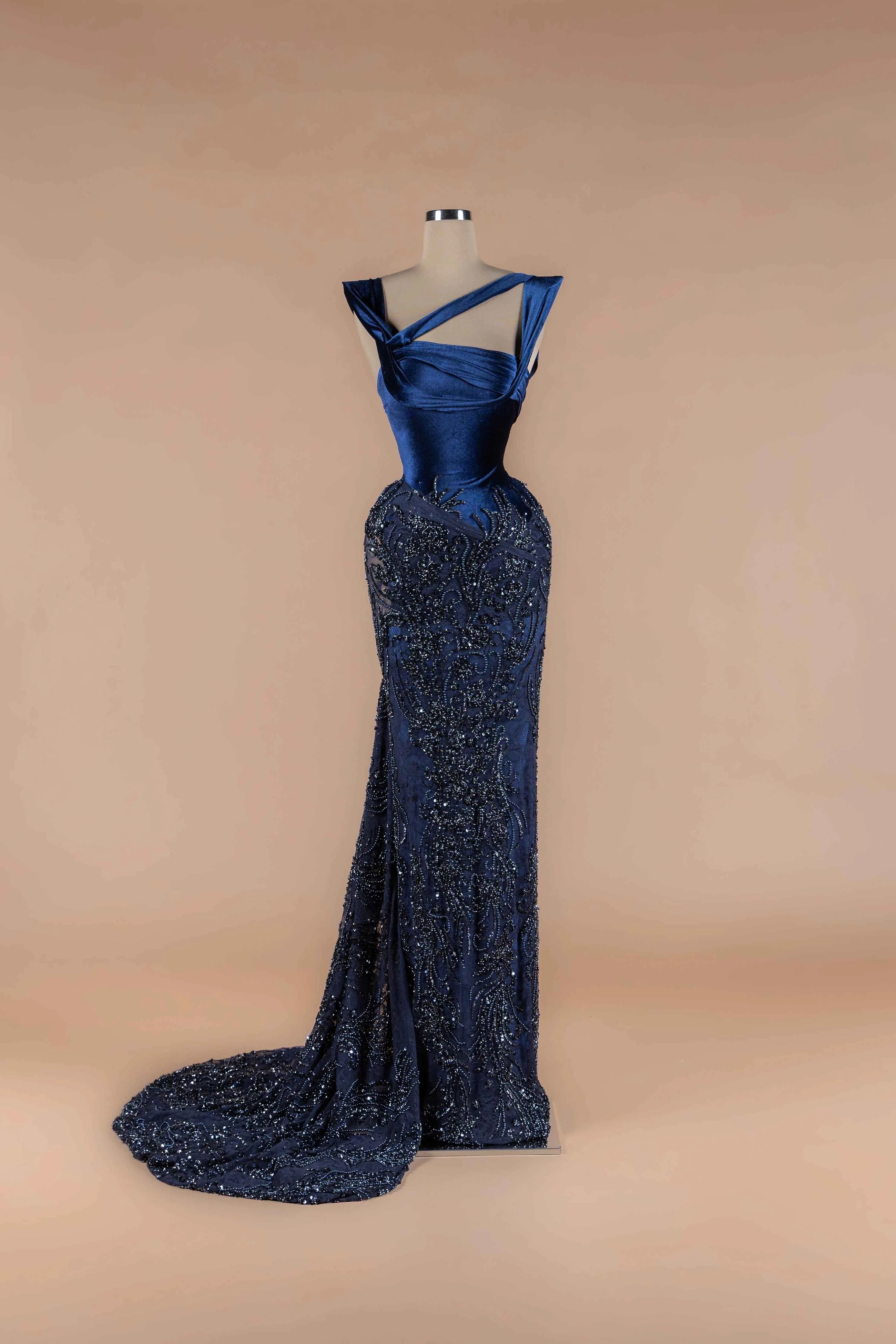 Sihëna Navy Arabesque — navy asymmetric draped-velvet bodice with sequin-beaded arabesque mermaid skirt and train.