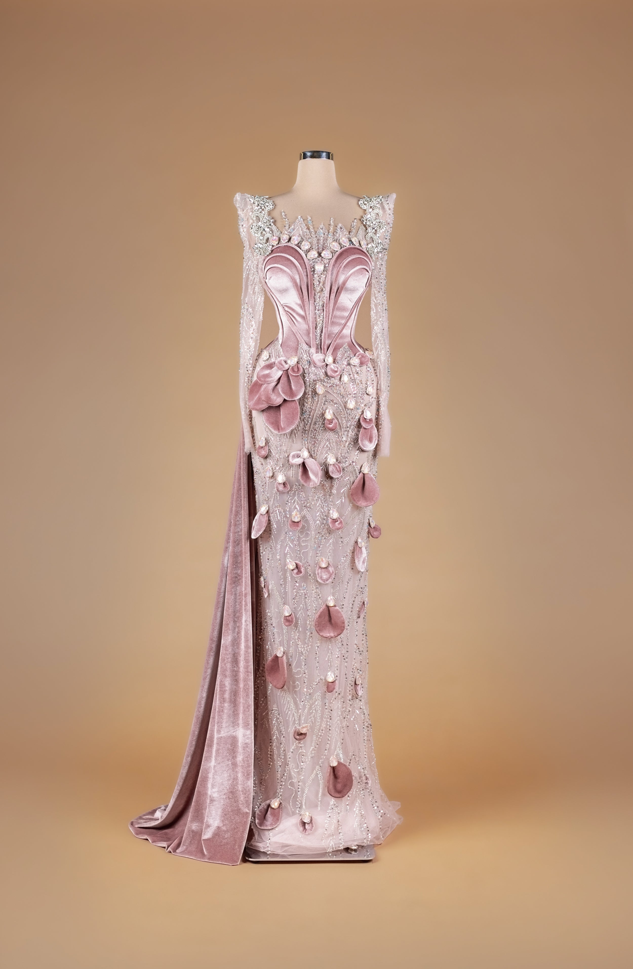 Sihëna Blush Petal Symphony — blush high-neck long-sleeve velvet column gown with structured petal bodice, 3D velvet petals and crystal beadwork.