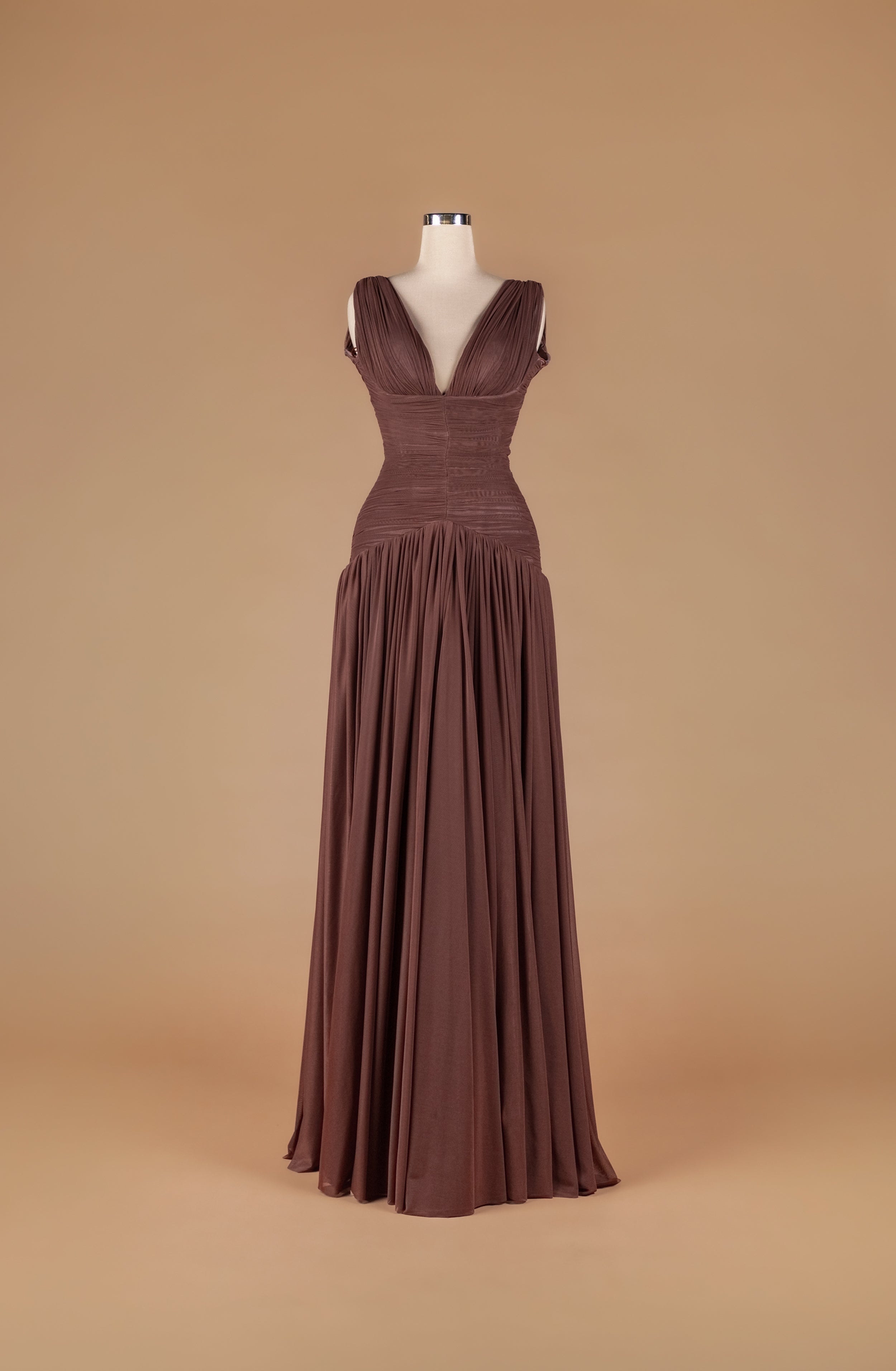 Sihëna Cocoa Drape Serenity — chocolate deep-v sleeveless ruched chiffon a-line gown with full draped skirt.