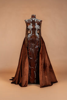 Sihëna Mahogany Majesty — mahogany-brown high-neck long-sleeve mermaid gown with velvet overskirt and silver crystal florals.