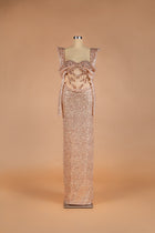 Sihëna Rose Gold Venus — rose-gold sweetheart sequin column gown with structured shoulders and corset cutout waist.