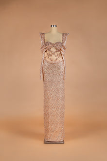 Sihëna Rose Gold Venus — rose-gold sweetheart sequin column gown with structured shoulders and corset cutout waist.