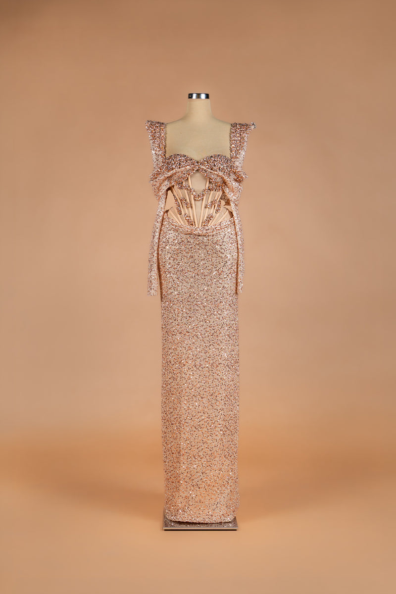 Sihëna Rose Gold Venus — rose-gold sweetheart sequin column gown with structured shoulders and corset cutout waist.
