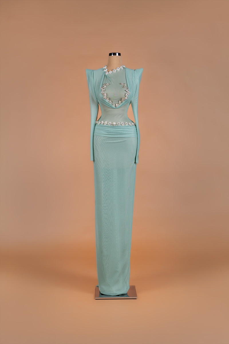 Sihëna Seafoam Mist — mint high-neck long-sleeve sheer-mesh column gown with crystal heart-motif trim and keyhole cutout.