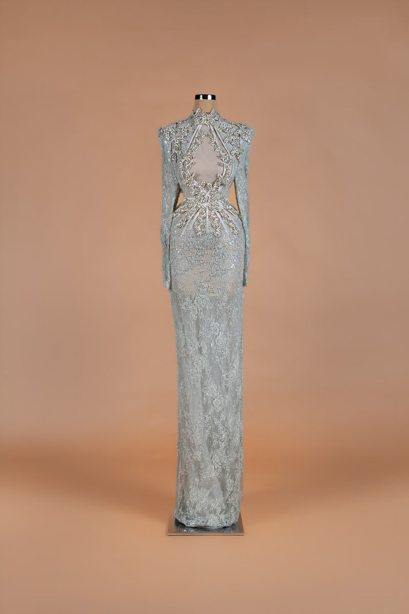 Sihëna Argent Bloom — powder-blue high-neck long-sleeve column gown with crystal beadwork and lace skirt, keyhole cutout.