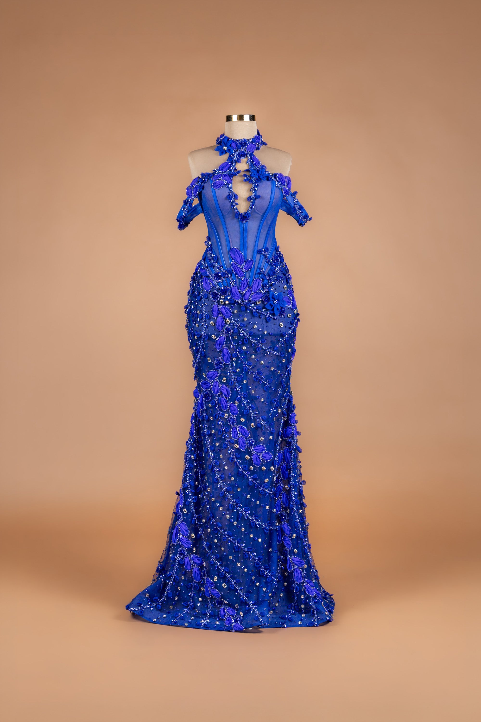 Sihëna Cobalt Petal Cascade — cobalt halter cape-sleeve mermaid evening dress