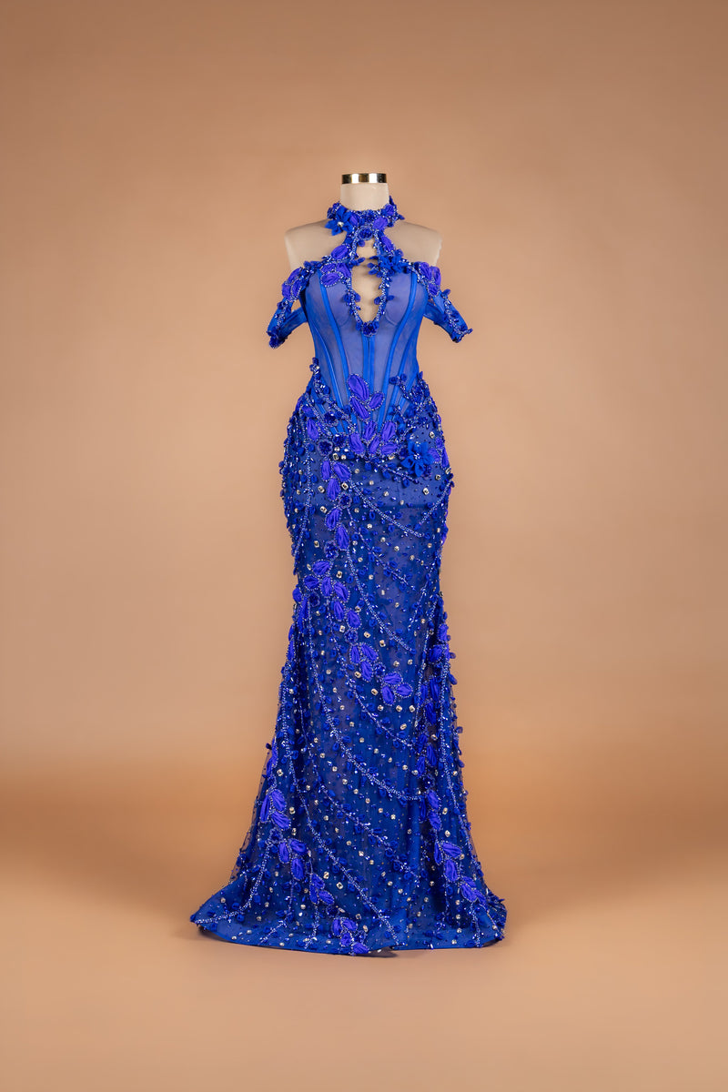 Sihëna Cobalt Petal Cascade — cobalt halter cape-sleeve mermaid evening dress