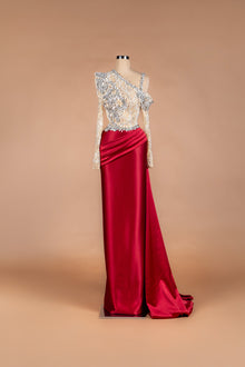 Sihëna Crimson Courtesan — crimson one-shoulder gown with crystal-and-pearl lace illusion bodice and draped satin mermaid skirt.