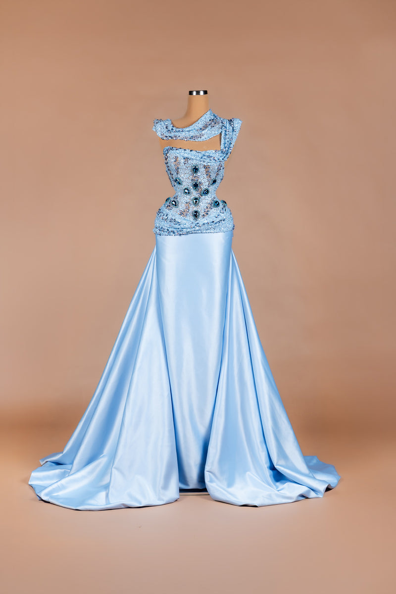Sihëna Cerulean Dream — powder-blue asymmetric crystal-beaded bodice with satin A-line overskirt and sweeping train.