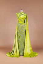Sihëna Citron Reverie — lime high-neck long-sleeve velvet mermaid gown with pearl and crystal beadwork and cape train.
