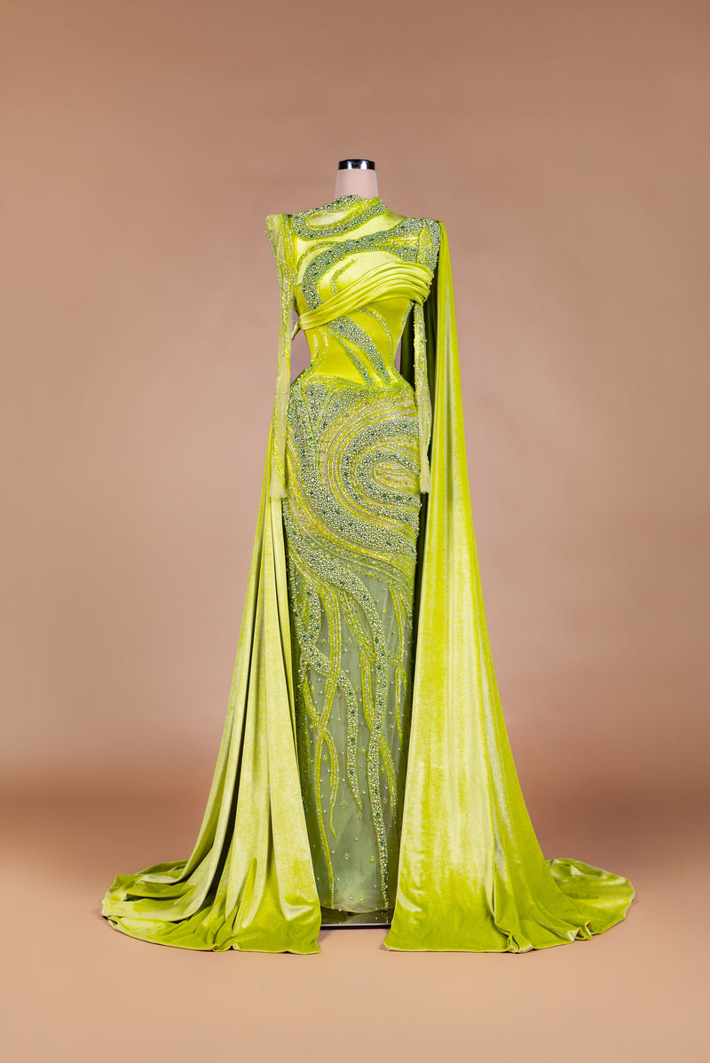 Sihëna Citron Reverie — lime high-neck long-sleeve velvet mermaid gown with pearl and crystal beadwork and cape train.