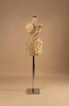 Sihëna Golden Bloom Reverence — gold one-shoulder mini cocktail dress with dense gold crystal beadwork and champagne organza 3D florals with pearl centres.