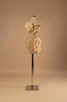 Sihëna Golden Bloom Reverence — gold one-shoulder mini cocktail dress with dense gold crystal beadwork and champagne organza 3D florals with pearl centres.