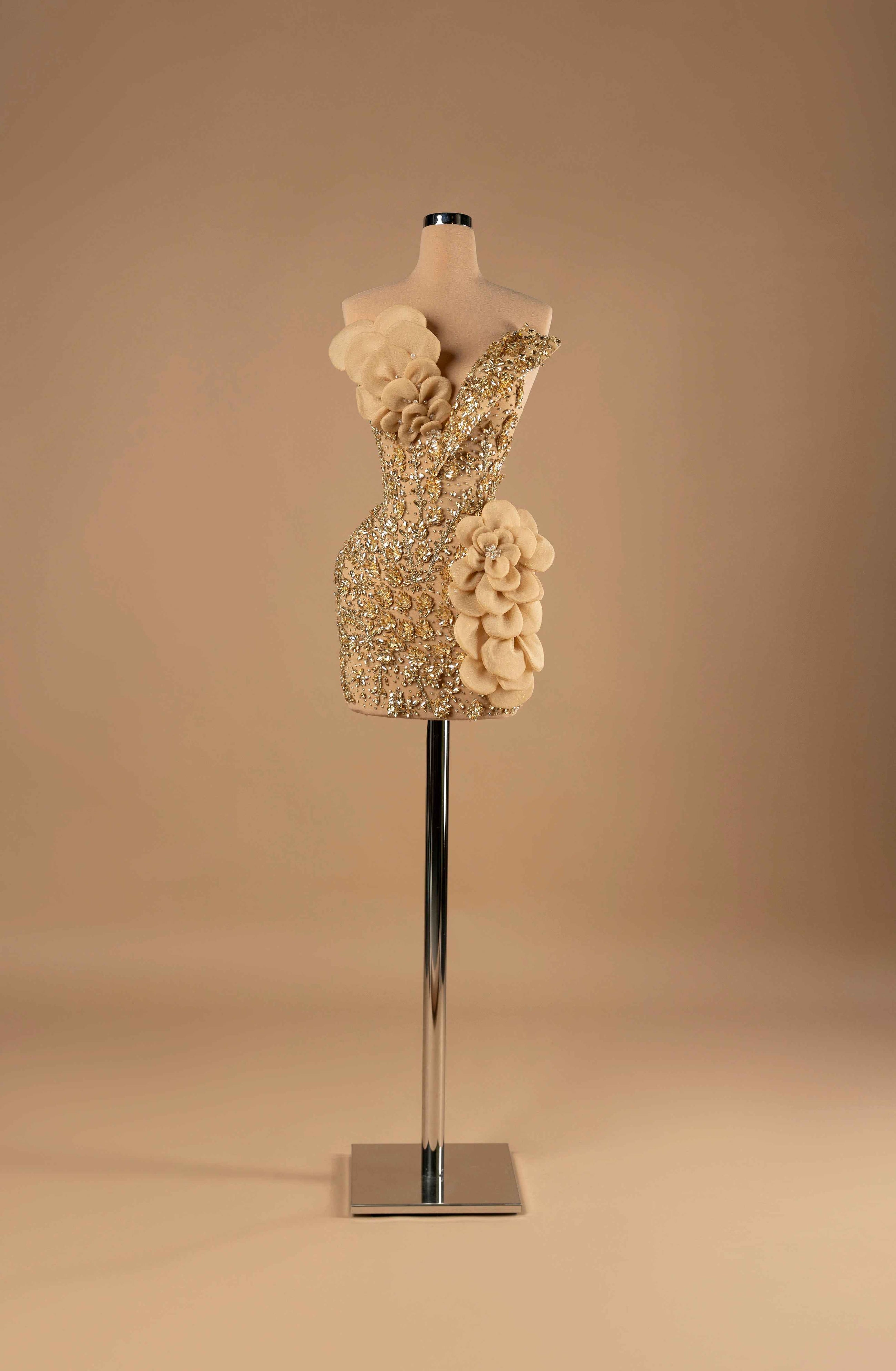 Sihëna Golden Bloom Reverence — gold one-shoulder mini cocktail dress with dense gold crystal beadwork and champagne organza 3D florals with pearl centres.
