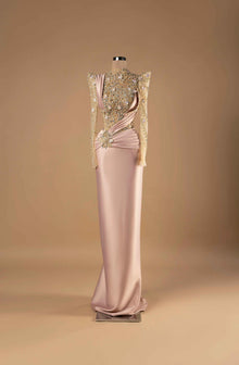 Sihëna Blush Imperial — blush high-neck long-sleeve column evening gown with crystal and opal-stone beadwork on illusion bodice and draped satin column skirt.