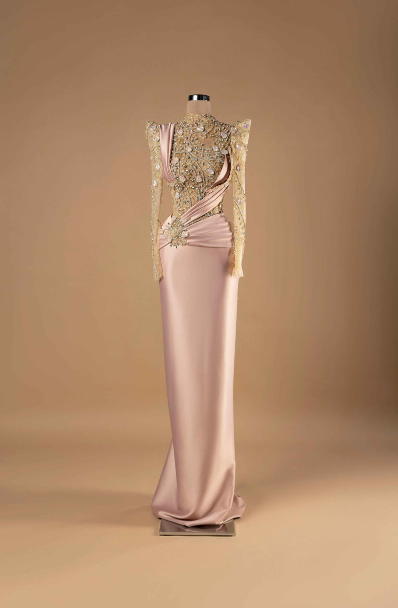 Sihëna Blush Imperial — blush high-neck long-sleeve column evening gown with crystal and opal-stone beadwork on illusion bodice and draped satin column skirt.