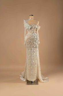 Sihëna Crystal Constellation — ivory one-shoulder mermaid gown with dense crystal and pearl beadwork, 3D florals on illusion net and side slit train.