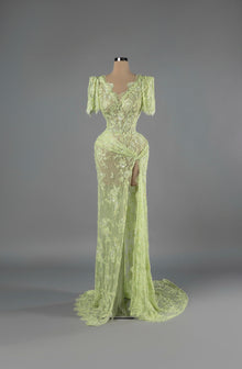 Sihëna Celadon Whisper — sage-green V-neck short-sleeve lace mermaid gown with sequin and pearl beadwork and a high slit.