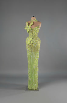Sihëna Verdant Illusion — lime one-shoulder sleeveless column gown with 3D-floral appliqué and crystal beadwork on sheer net.
