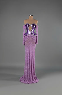 Sihëna Violet Inferno — violet off-shoulder sweetheart mermaid gown with metallic crystal-trimmed corset bodice and sequin skirt with keyhole cutout.