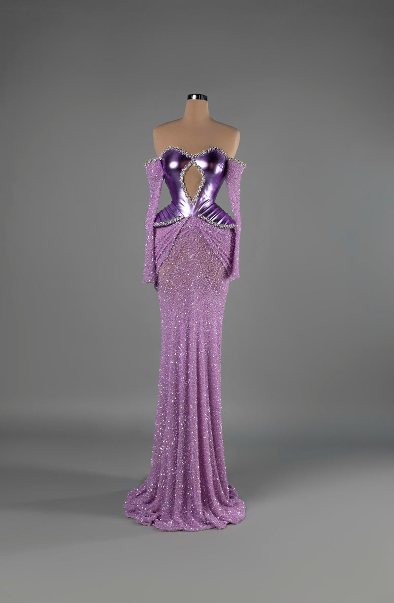 Sihëna Violet Inferno — violet off-shoulder sweetheart mermaid gown with metallic crystal-trimmed corset bodice and sequin skirt with keyhole cutout.