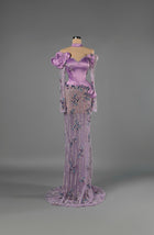 Sihëna Orchid Dewfall — lilac off-shoulder sweetheart mermaid gown in satin with choker collar, 3D floral appliqué and sheer beaded skirt with train.