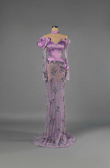Sihëna Orchid Dewfall — lilac off-shoulder sweetheart mermaid gown in satin with choker collar, 3D floral appliqué and sheer beaded skirt with train.