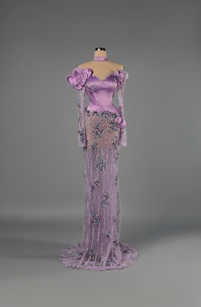 Sihëna Orchid Dewfall — lilac off-shoulder sweetheart mermaid gown in satin with choker collar, 3D floral appliqué and sheer beaded skirt with train.