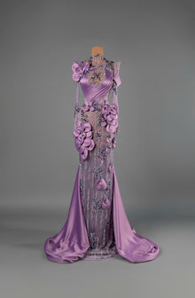 Sihëna Lavender Paragon — lilac high-neck long-sleeve mermaid gown in satin with 3D floral appliqué, crystal beadwork and satin train.