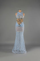 Sihëna Azure Filigree — powder-blue high-neck halter mermaid gown in beaded sequin tulle with gold filigree and teal crystal florals.