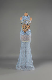 Sihëna Azure Filigree — powder-blue high-neck halter mermaid gown in beaded sequin tulle with gold filigree and teal crystal florals.