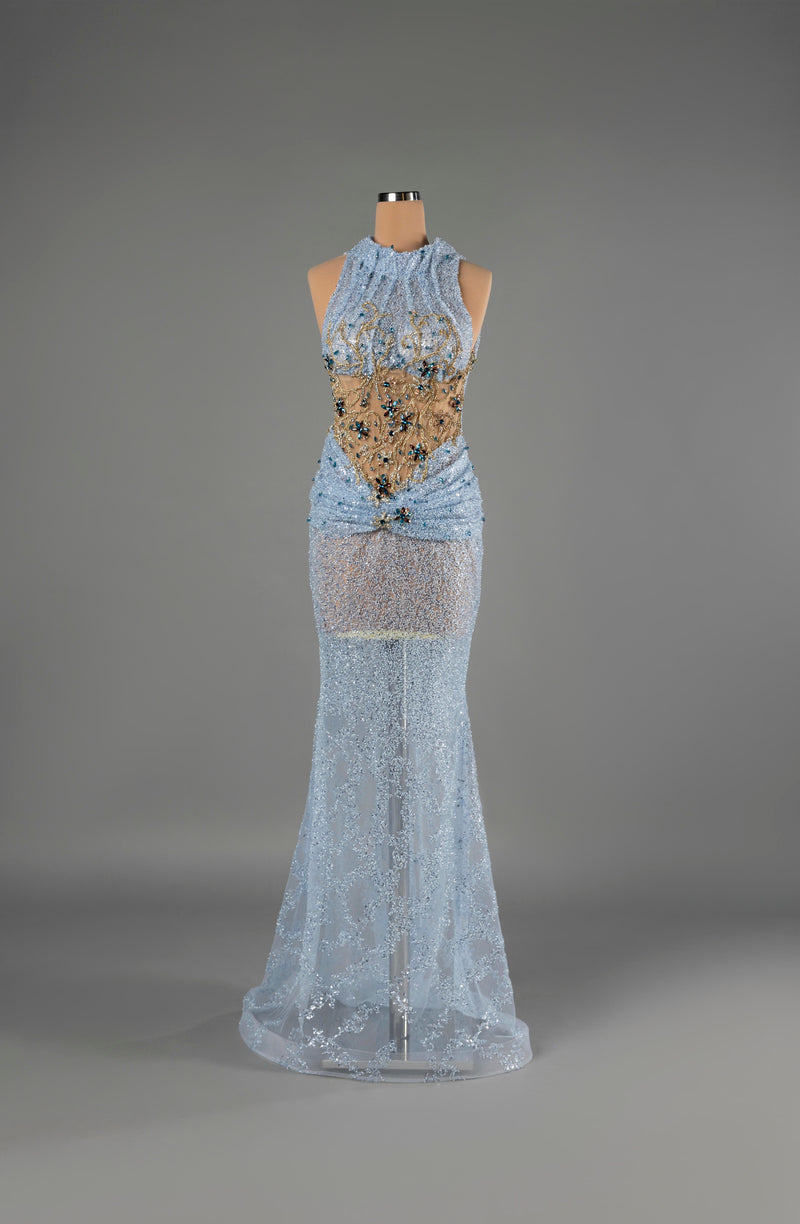 Sihëna Azure Filigree — powder-blue high-neck halter mermaid gown in beaded sequin tulle with gold filigree and teal crystal florals.