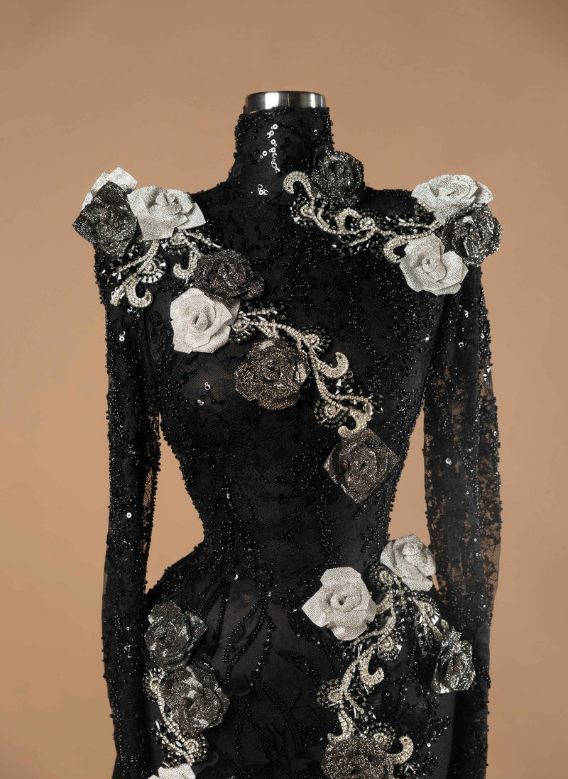Sihëna Baroque Floral Drama — black high-neck long-sleeve mermaid evening dress