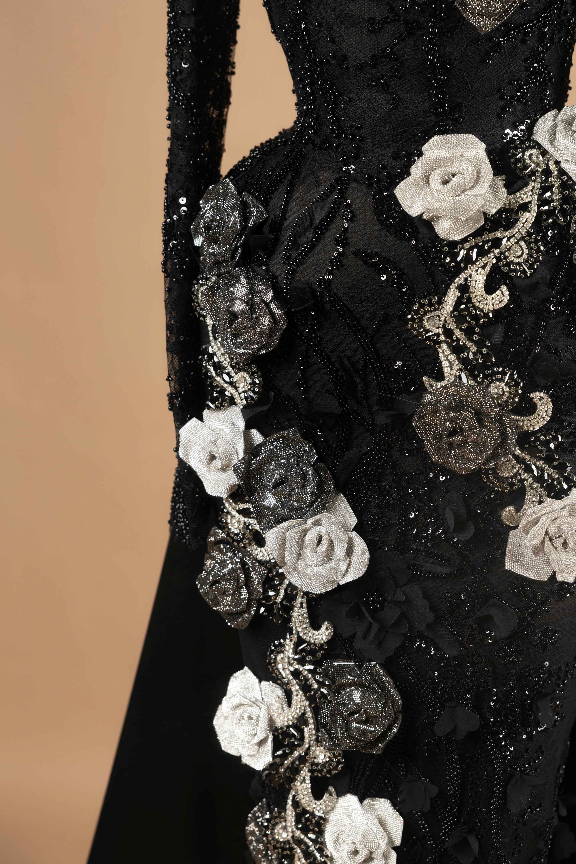 Sihëna Baroque Floral Drama — black high-neck long-sleeve mermaid evening dress
