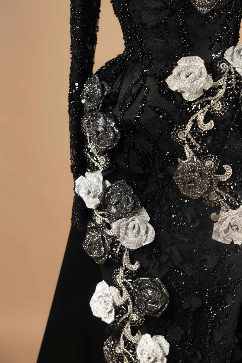 Sihëna Baroque Floral Drama — black high-neck long-sleeve mermaid evening dress