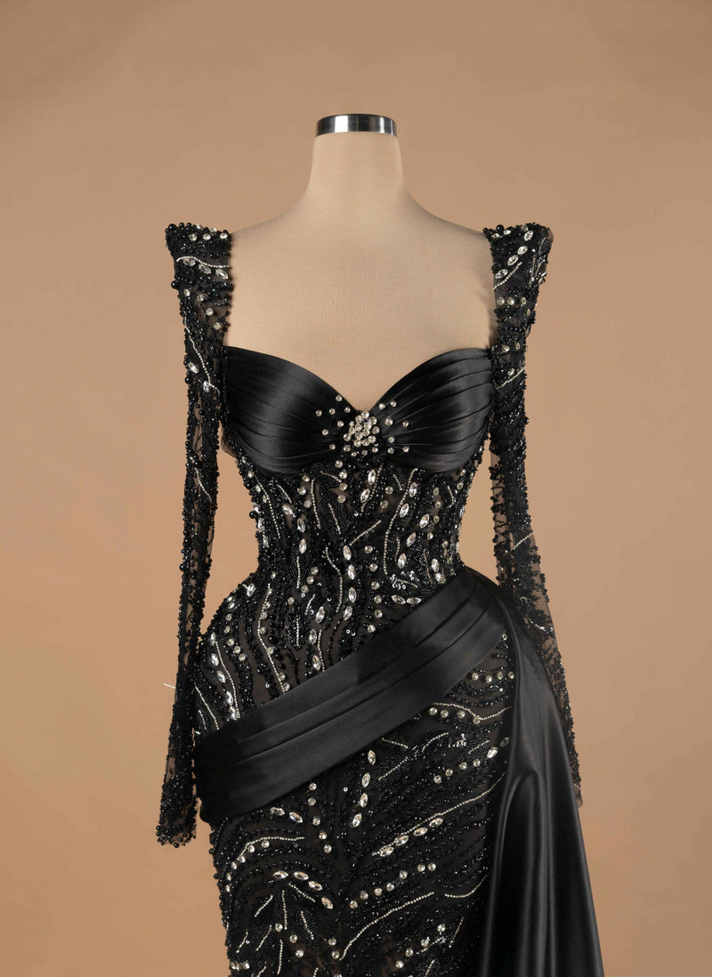Sihëna Celestial Noir Elegance — black sweetheart long-sleeve column evening dress