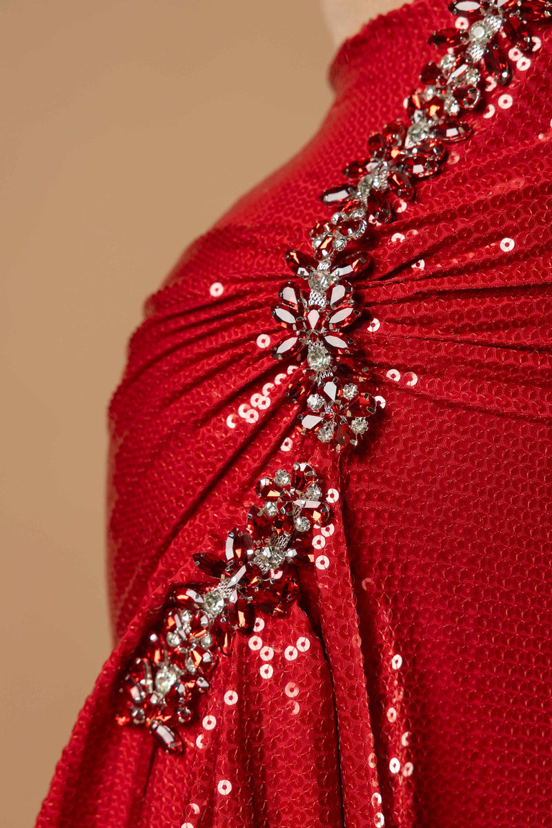 Sihëna Crimson Siren — red halter sleeveless mermaid evening dress