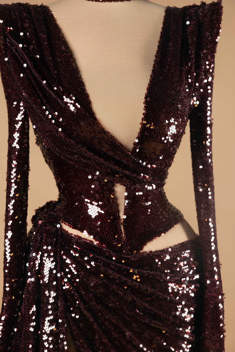 Sihëna Golden Sugar Reverie — burgundy v-neck long-sleeve mermaid evening dress