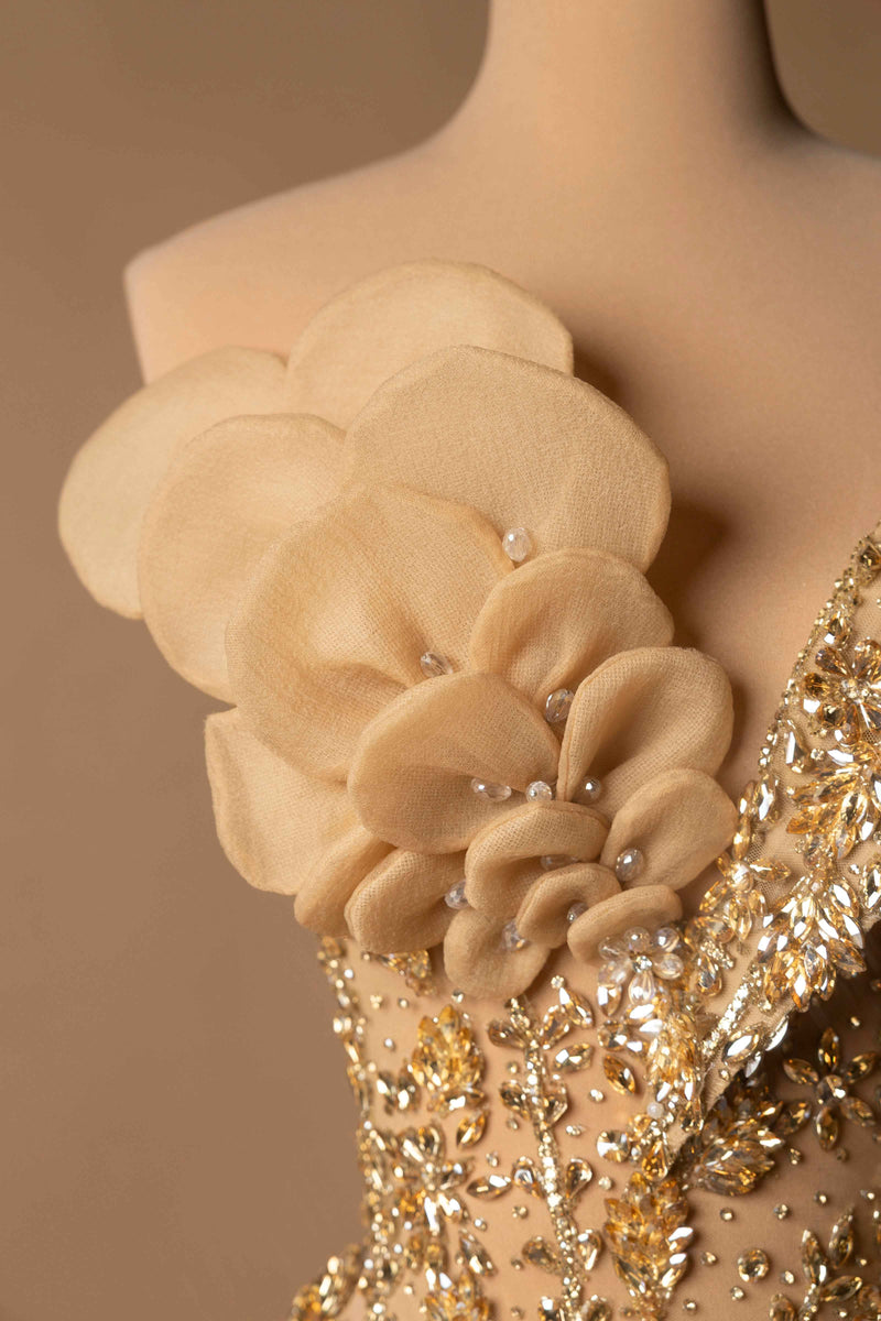 Sihëna Golden Bloom Reverence — gold one-shoulder sleeveless fitted cocktail dress