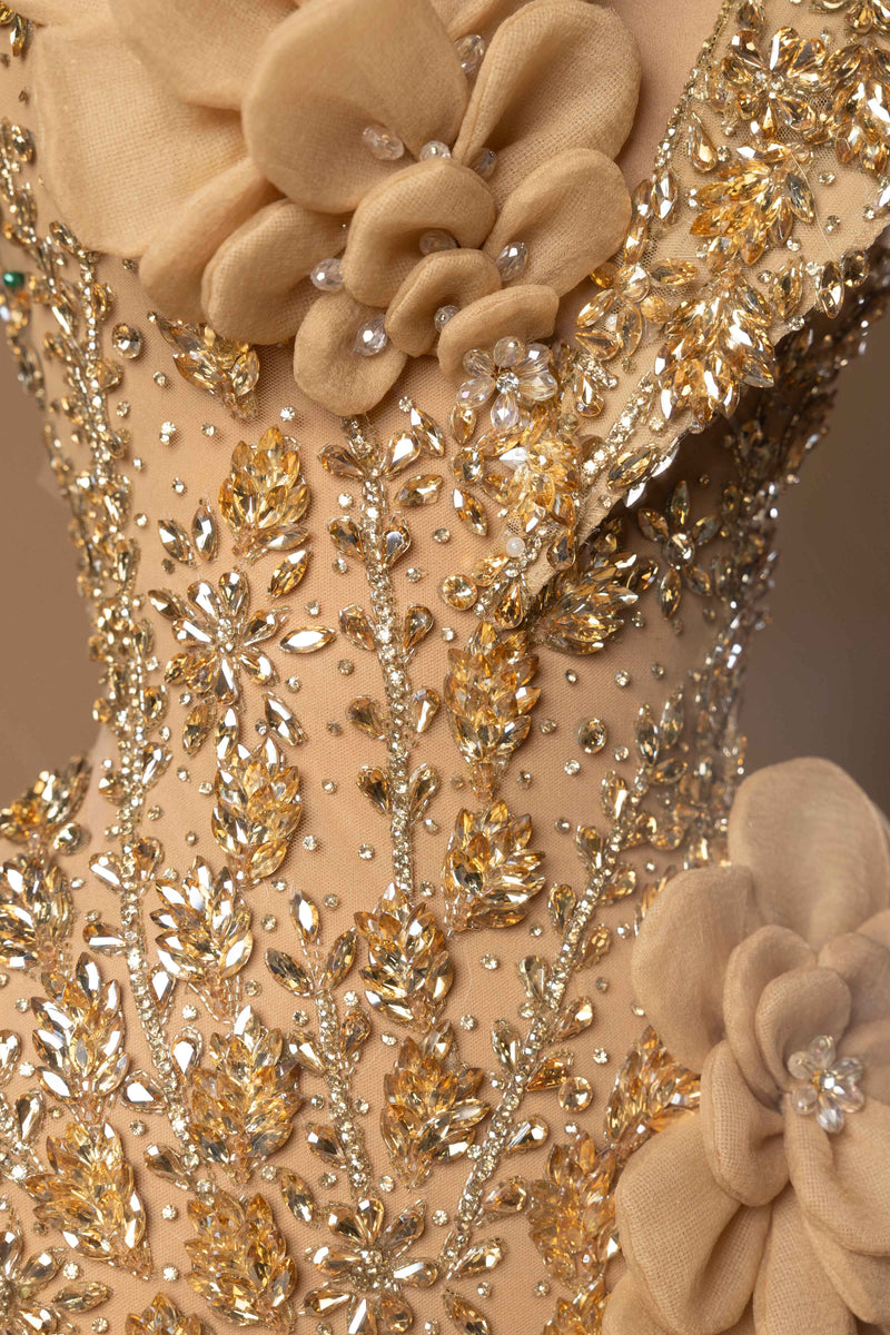 Sihëna Golden Bloom Reverence — gold one-shoulder sleeveless fitted cocktail dress