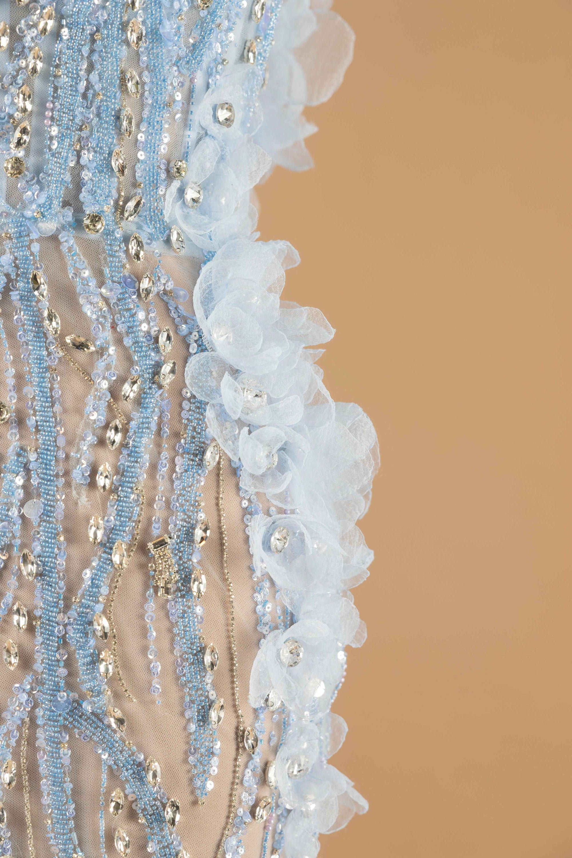 Sihëna Ice Blossom Symphony — powder-blue v-neck sleeveless mermaid evening dress