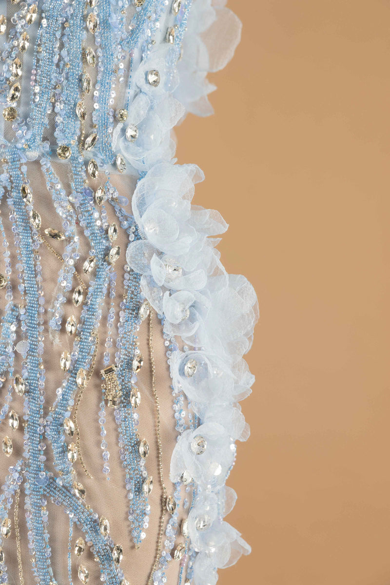 Sihëna Ice Blossom Symphony — powder-blue v-neck sleeveless mermaid evening dress