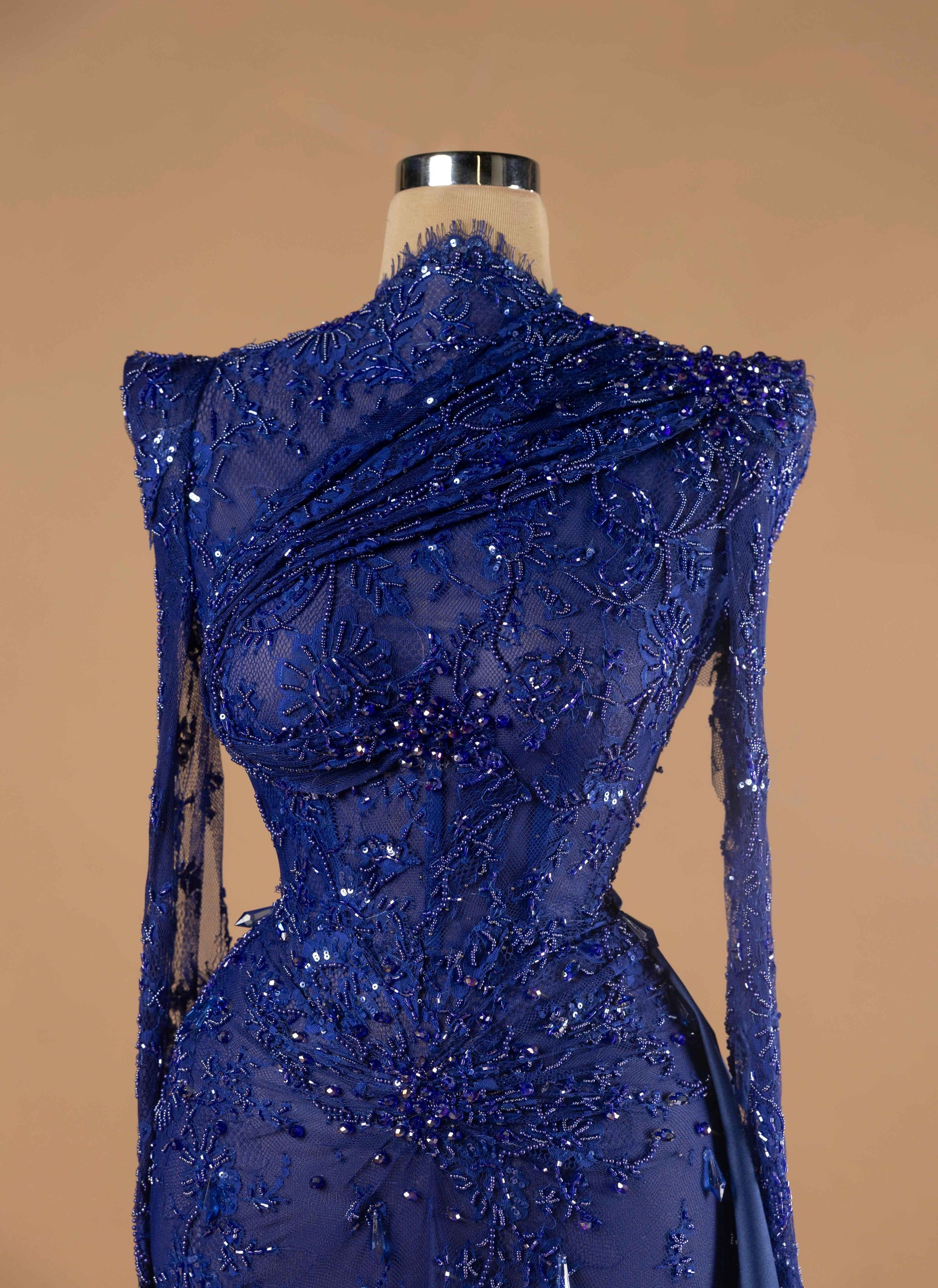 Sihëna Sapphire Nocturne — navy high-neck long-sleeve column evening dress