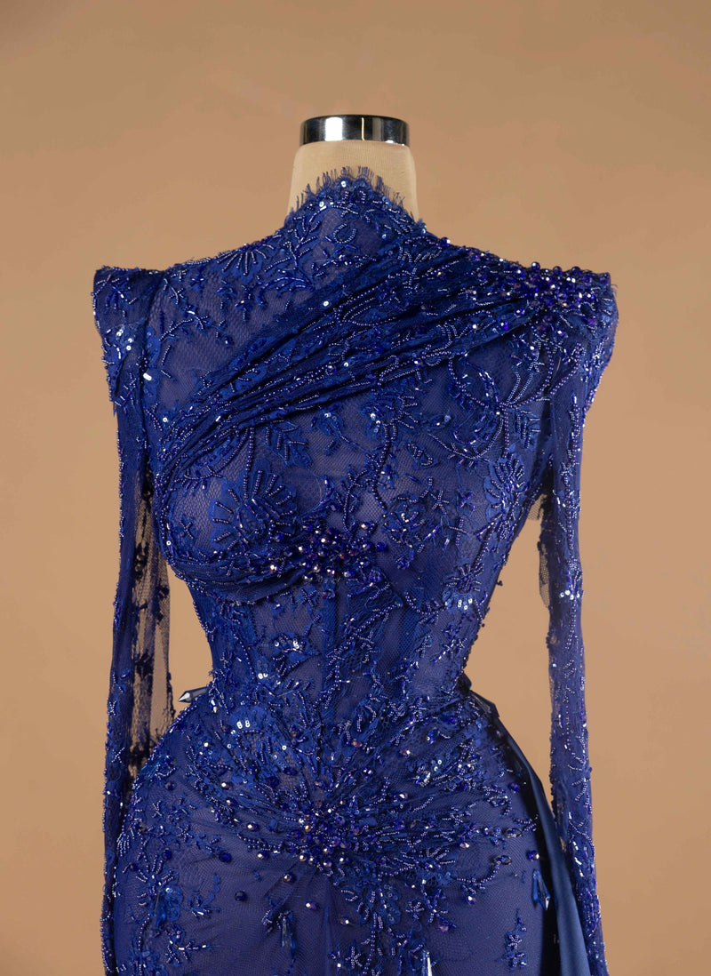 Sihëna Sapphire Nocturne — navy high-neck long-sleeve column evening dress
