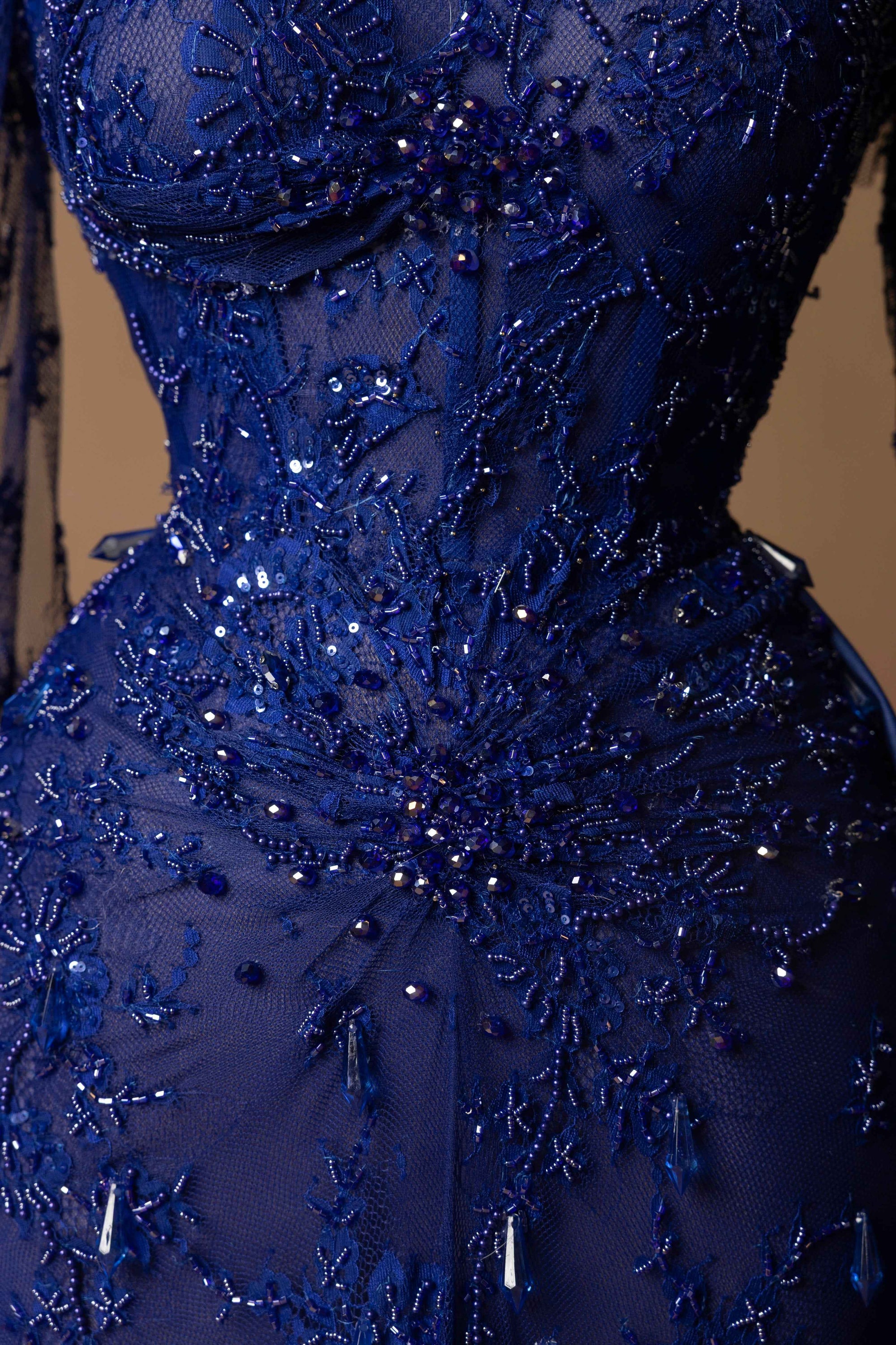 Sihëna Sapphire Nocturne — navy high-neck long-sleeve column evening dress