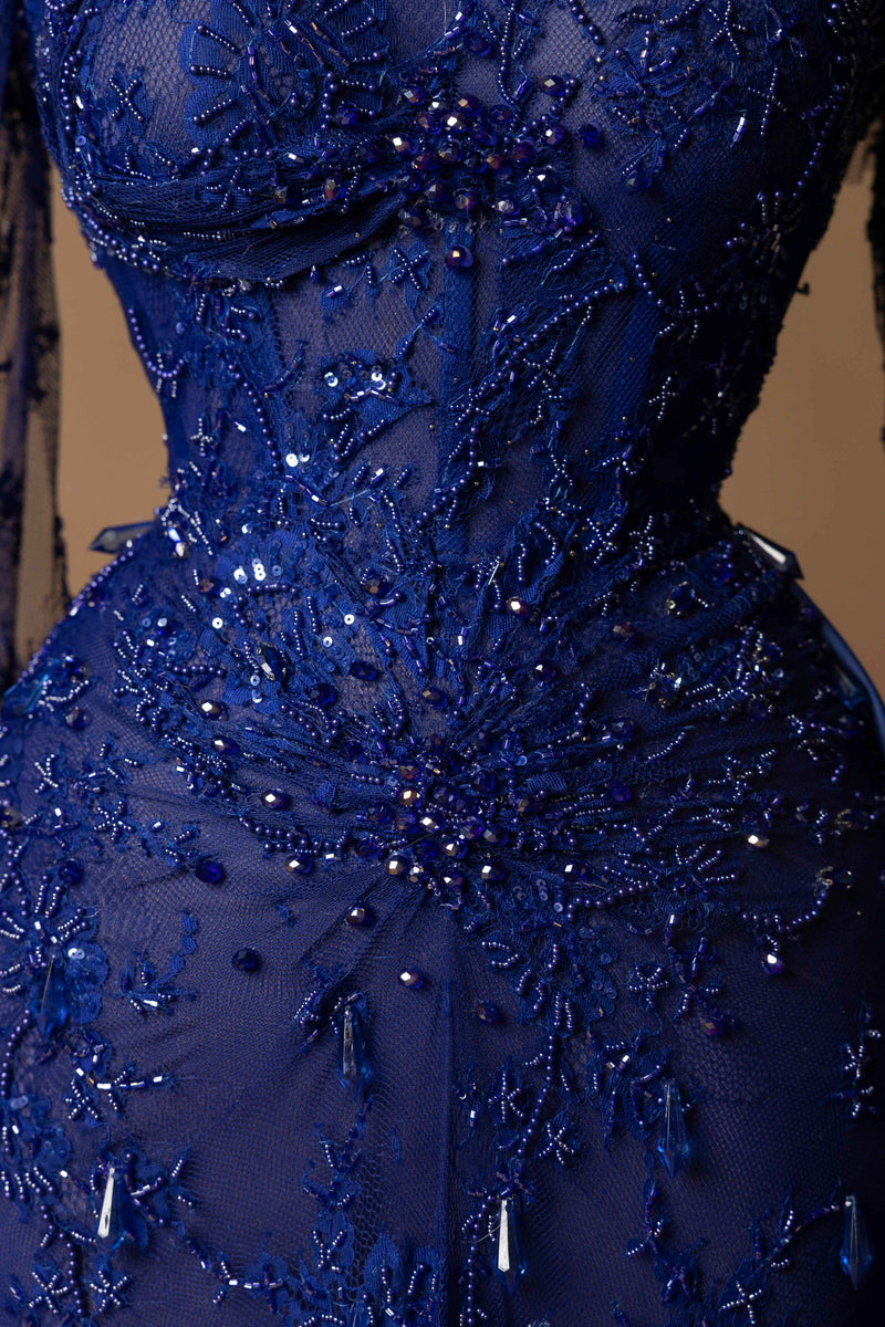 Sihëna Sapphire Nocturne — navy high-neck long-sleeve column evening dress