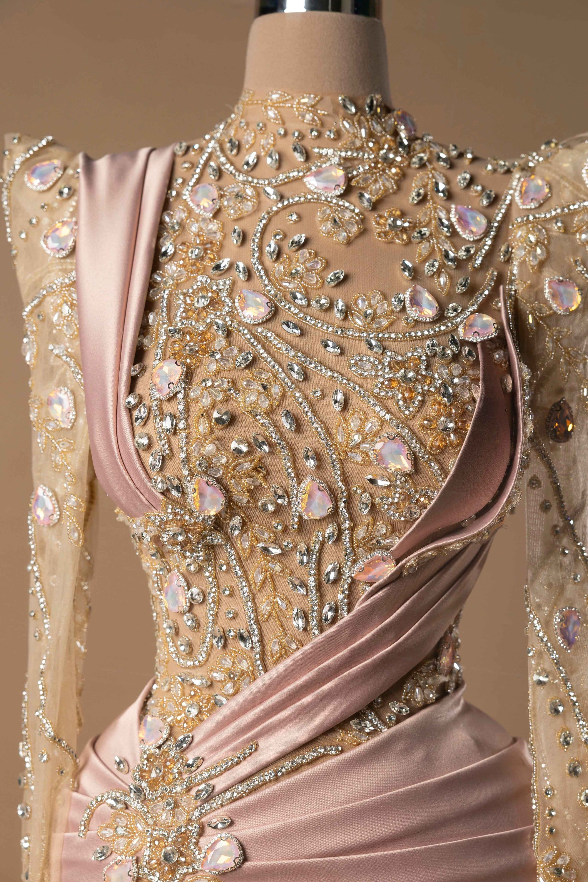 Sihëna Blush Imperial — blush high-neck long-sleeve column evening dress