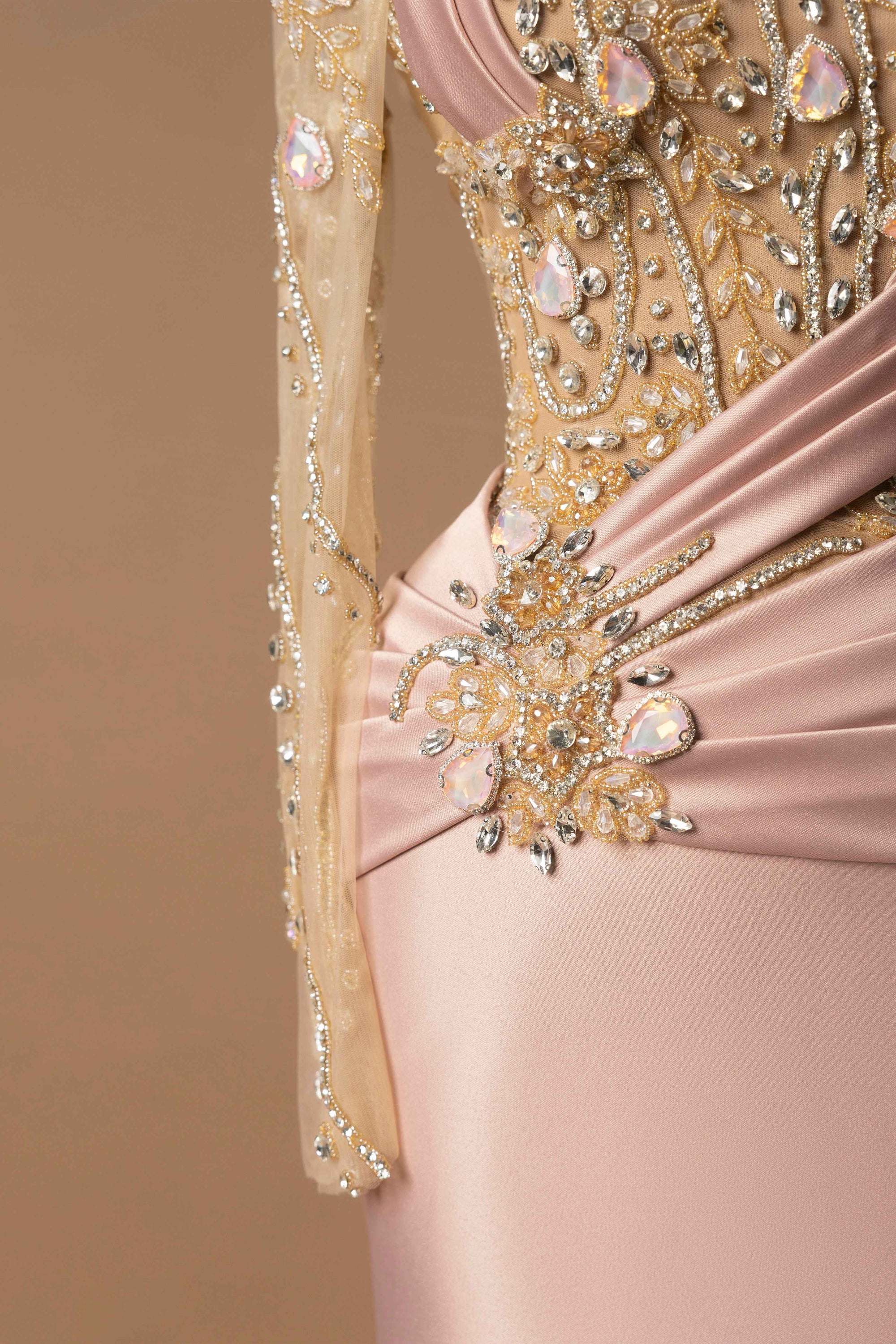 Sihëna Blush Imperial — blush high-neck long-sleeve column evening dress