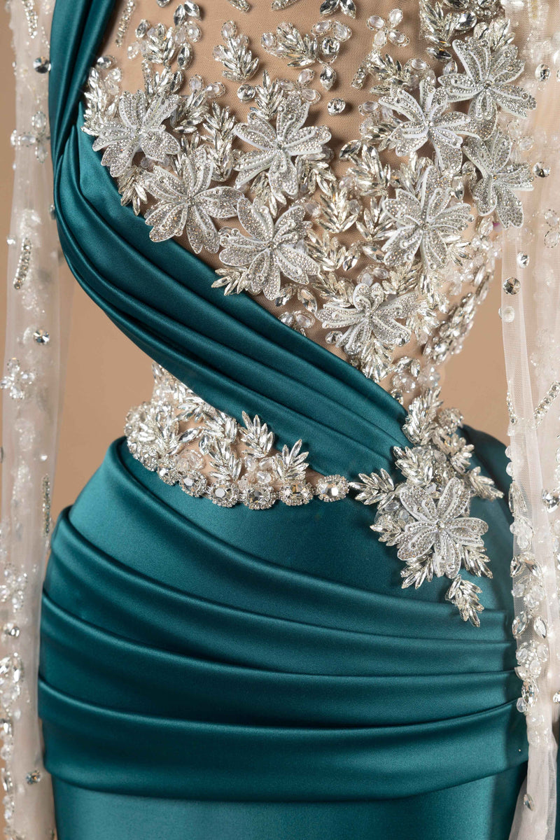 Sihëna Emerald Enchantment — emerald high-neck long-sleeve column evening dress