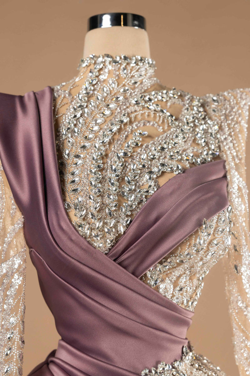 Sihëna Mulberry Opulence — mauve high-neck long-sleeve column evening dress